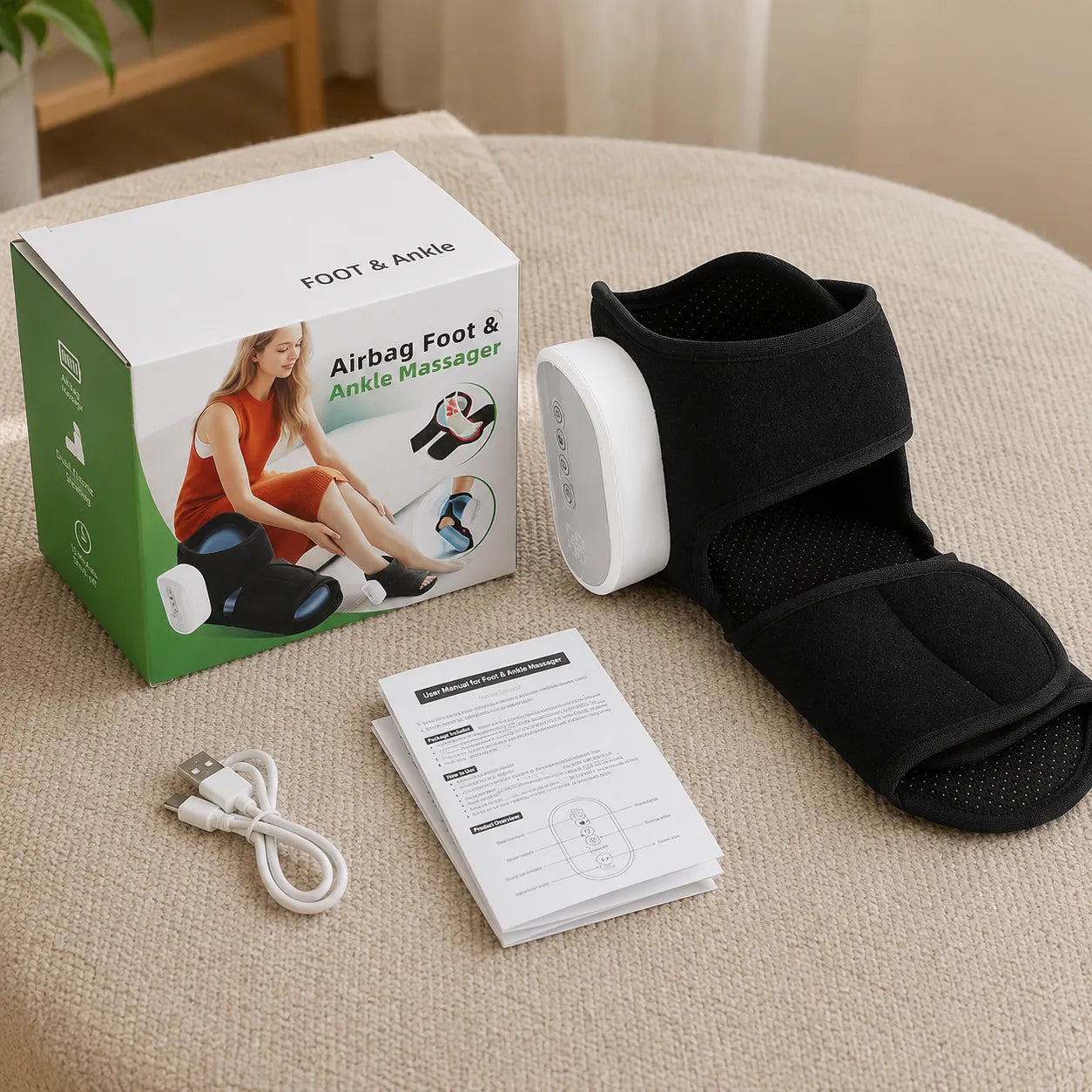 Förpackning och tillbehör till ankelmassage med kompression