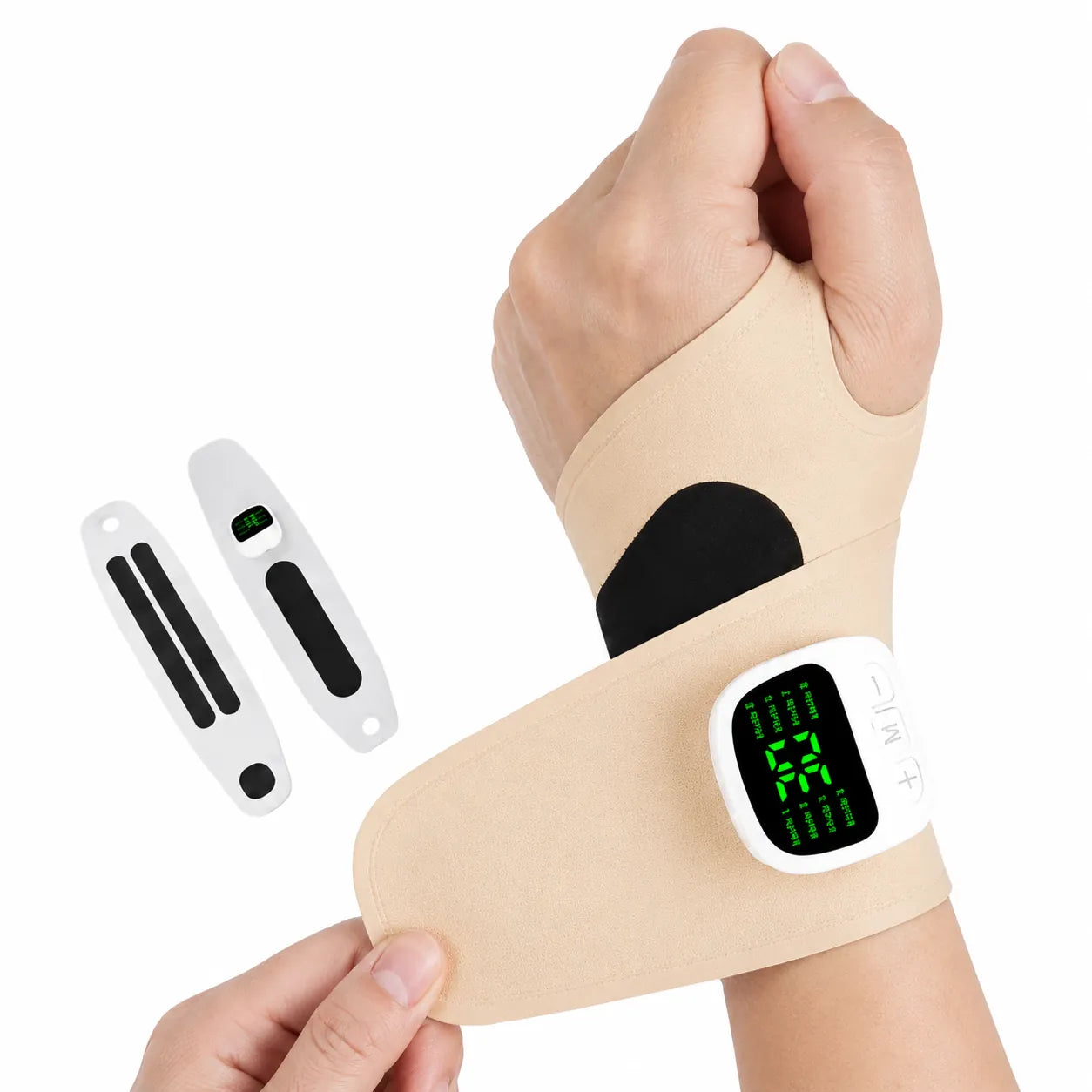 Handledsstöd med vibration och justerbar kompression för stöd och avlastning av handled och tumme.