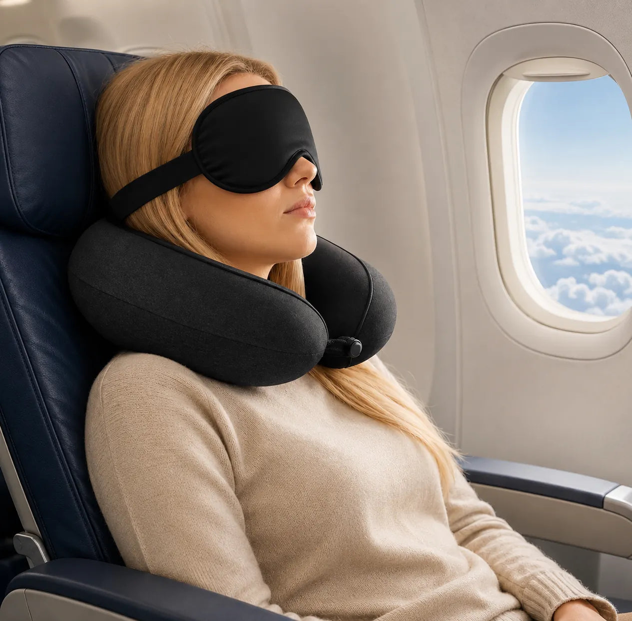 Nackkudde med ergonomiskt stöd och sovmask som ger komfort och avlastning under flygresor och längre resor.