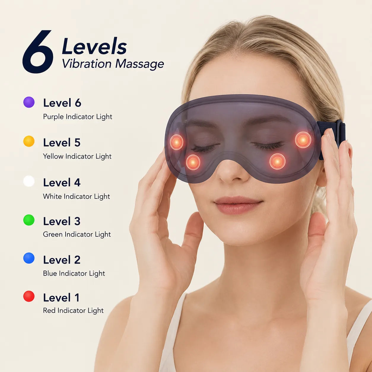 Kvinna använder massageögonmask med sex vibrationsnivåer och färgindikatorer visade bredvid.