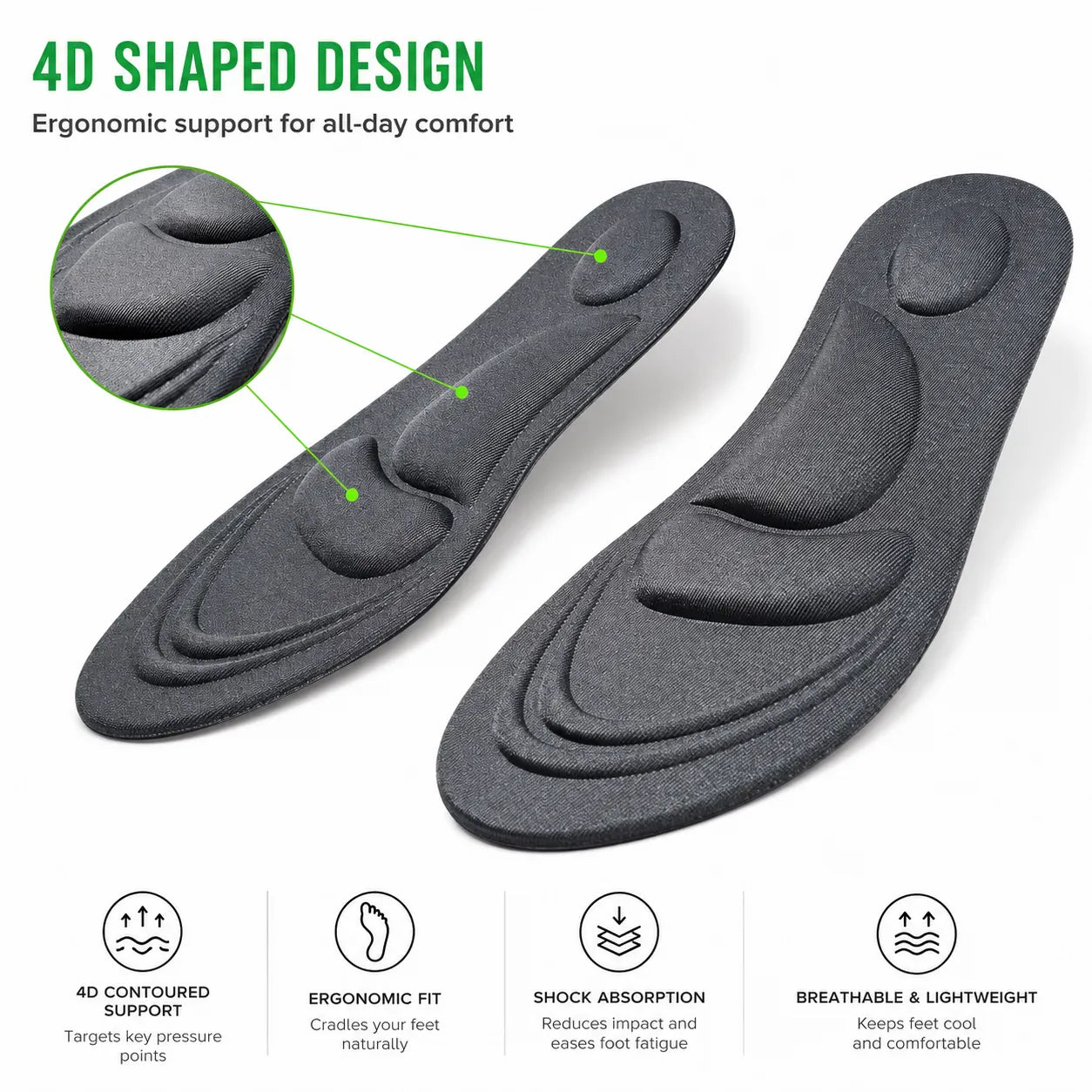 Ergonomiska skoinlägg med 4D-stöd, stötdämpning och fotvalvsavlastning för ökad komfort vid gång, arbete och träning.