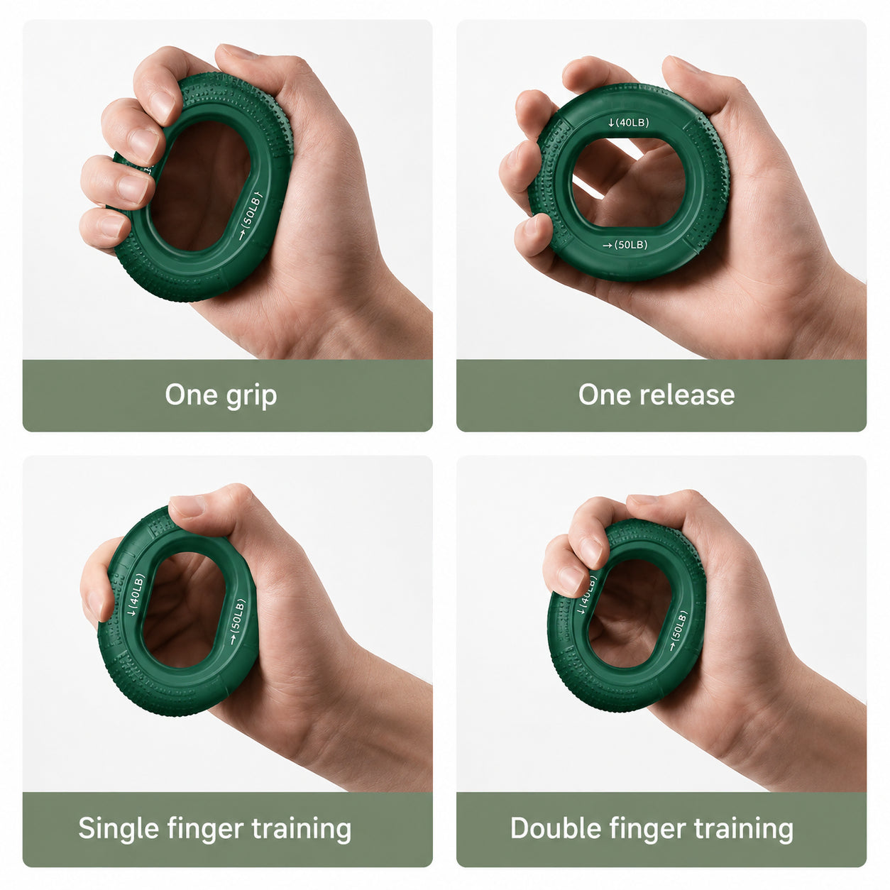 Greppstyrketränare med exempel på olika hand- och fingerövningar.