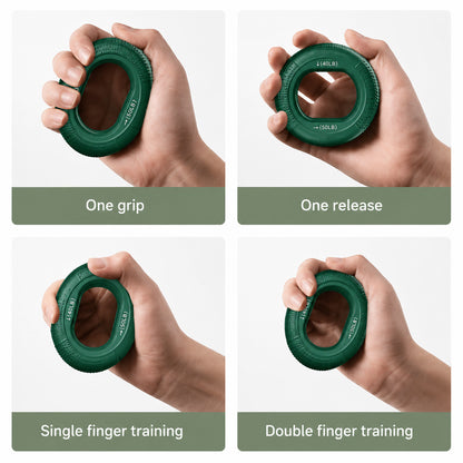 Greppstyrketränare med exempel på olika hand- och fingerövningar.
