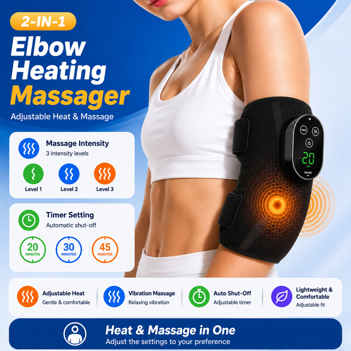 Armbågsstöd med justerbar värme, vibrationsmassage och timerfunktion.