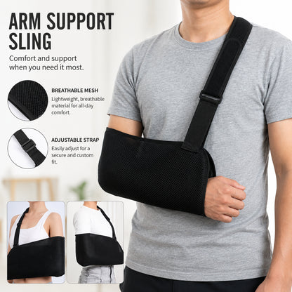 Justerbar armslinga med ventilerande mesh och axelrem som ger stabilt stöd för arm och underarm.