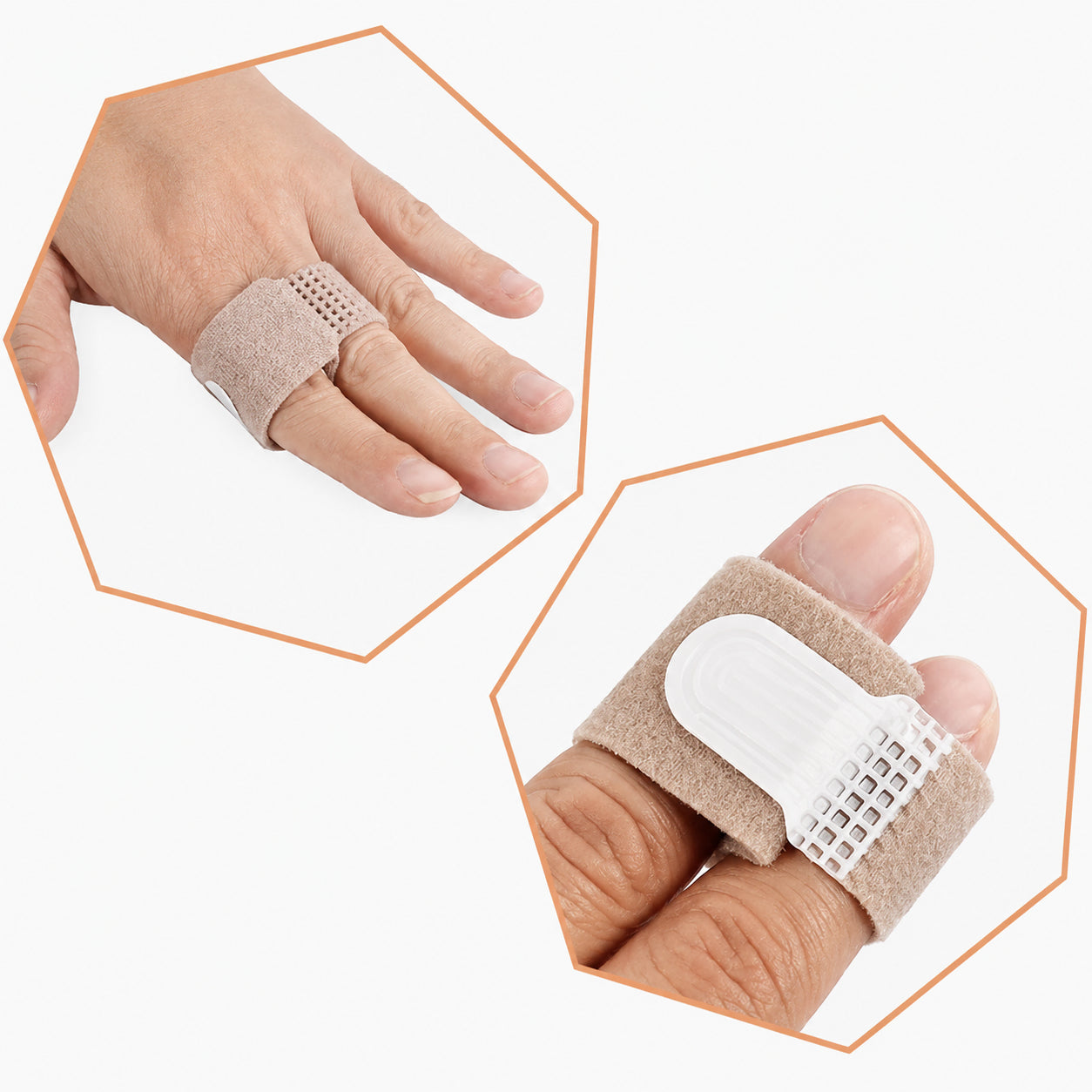Återanvändbart fingerstöd med självhäftande fäste som skyddar och stabiliserar fingret vid skador och irritation.