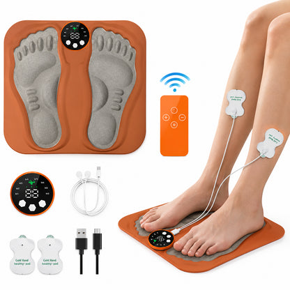 Elektrisk EMS-fotmassagematta med fjärrkontroll, massageplattor och elektrodkuddar för fötter och ben.