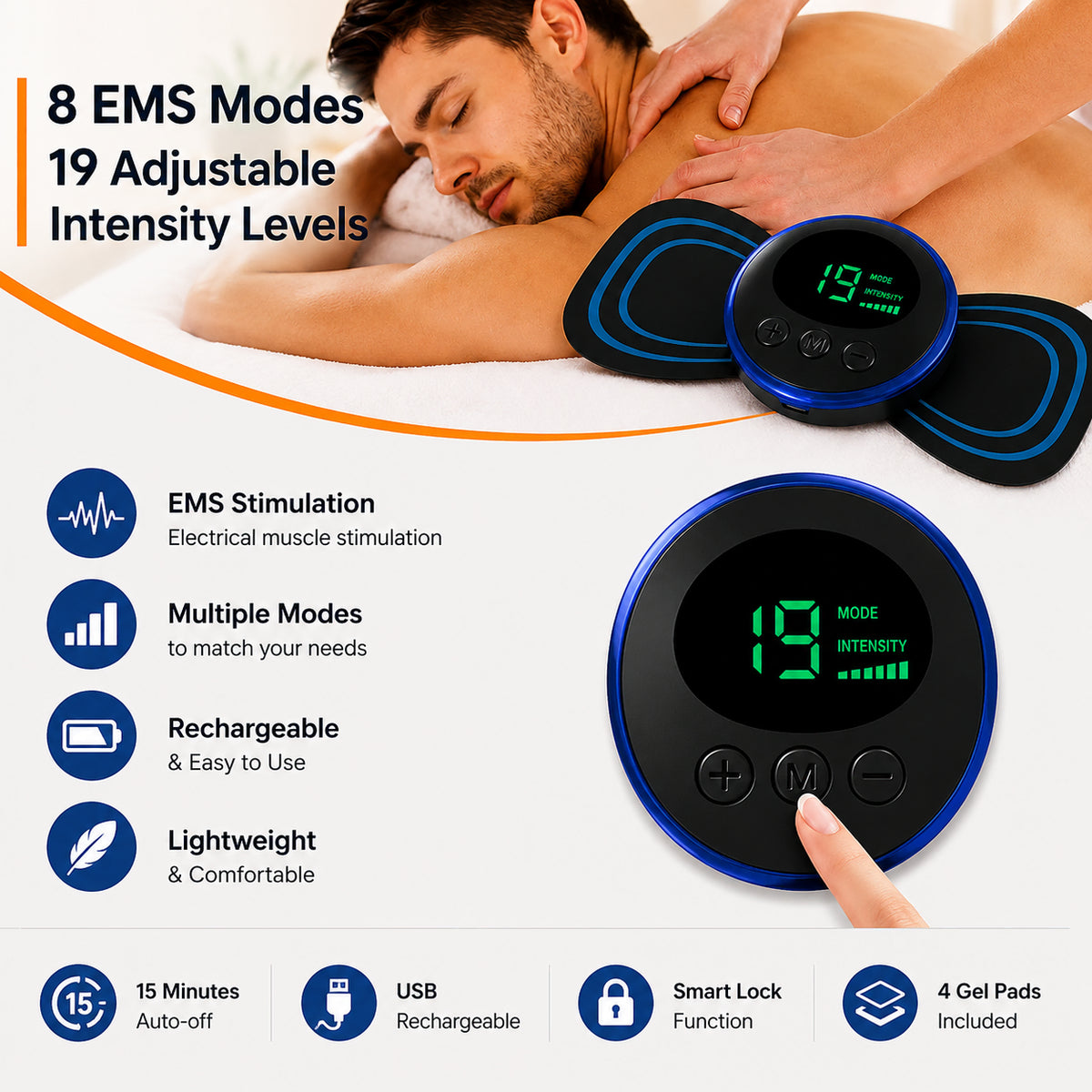 Massage EMS avec 8 programmes EMS, 19 niveaux d'intensité et un design rechargeable.