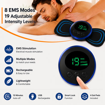 Massage EMS avec 8 programmes EMS, 19 niveaux d'intensité et un design rechargeable.