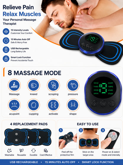 EMS-muskelstimulator med åtta massageprogram för muskelstimulering, smärtlindring och avslappning av muskler.