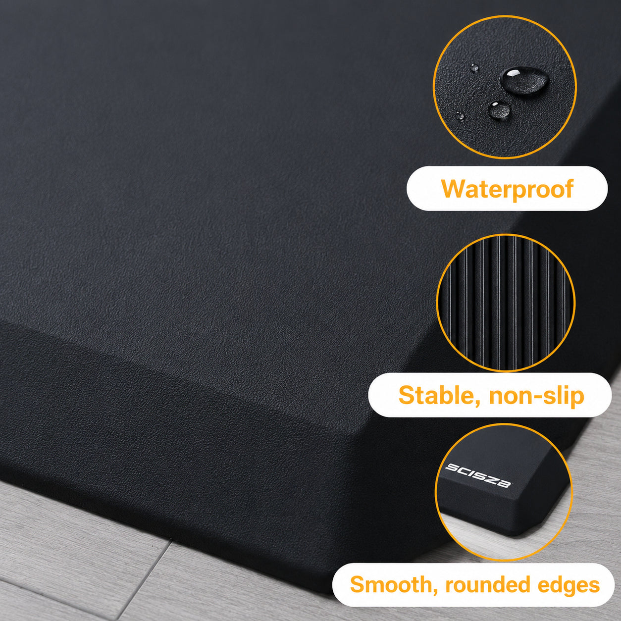 Ergonomisk ståmatta med halksäker, vattentålig yta och rundade kanter.