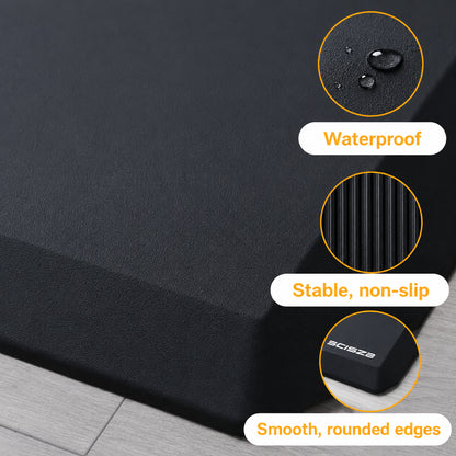 Ergonomisk ståmatta med halksäker, vattentålig yta och rundade kanter.