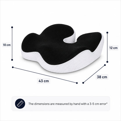 Ergonomisk sittdyna med angivna mått på 43 × 38 cm och en höjd på 10–12 cm