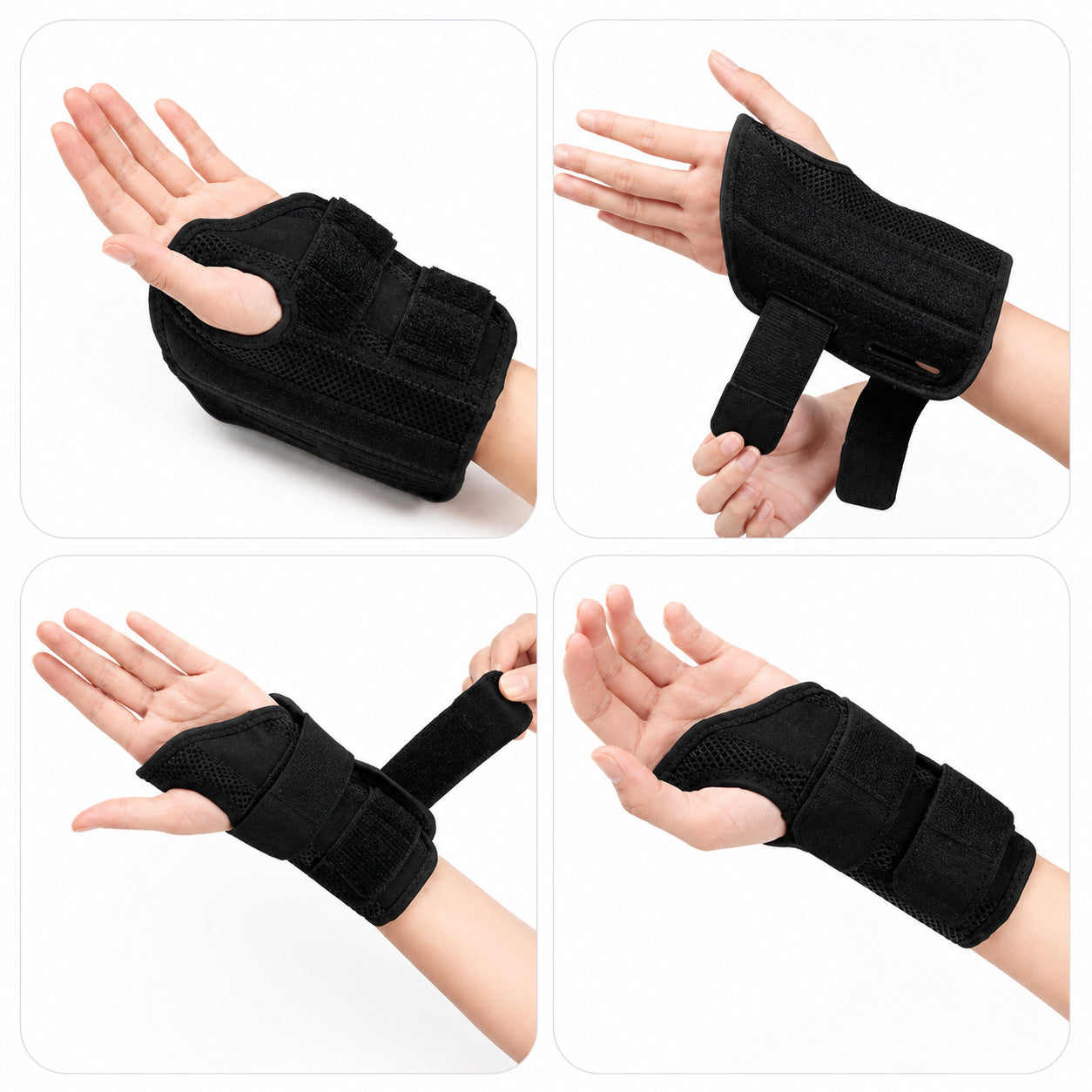 Flexibelt handledsstöd visas från flera vinklar och hur det justeras med kardborreband.