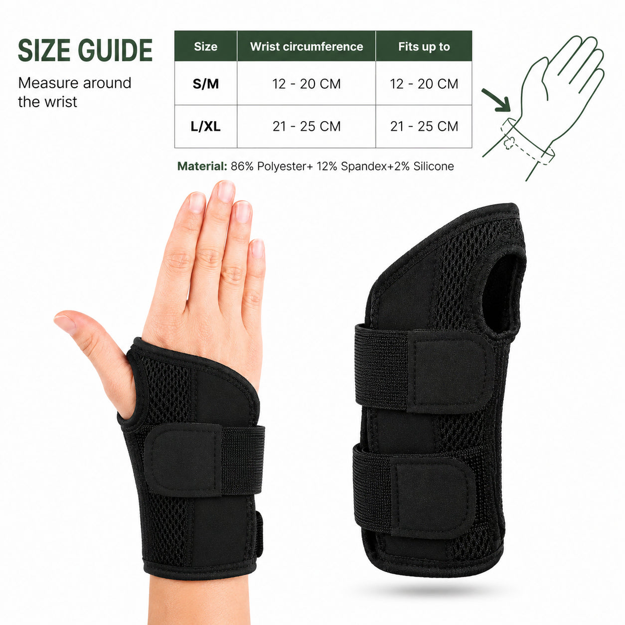Storleksguide för flexibelt handledsstöd med mått, material och produktvisning.