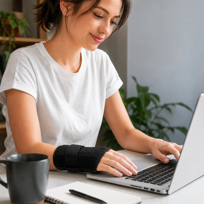 Alt-text: Kvinna arbetar vid en laptop hemma med ett svart flexibelt handledsstöd på handleden.