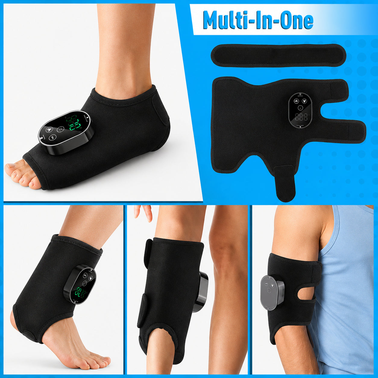 Multifunktionell ankelvärmare med värme och massage som kan användas på fotled, vad, knä och arm för flexibel smärtlindring och återhämtning