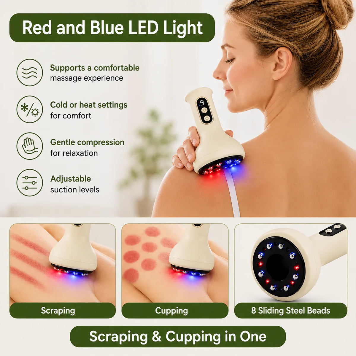 Gua sha-massageapparat med koppning, rött och blått LED-ljus samt justerbar vakuumfunktion.