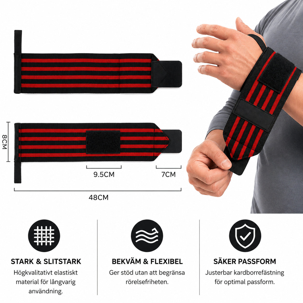 Handledsstöd för träning med produktmått, justerbar passform och elastiskt material för extra handledsstöd.