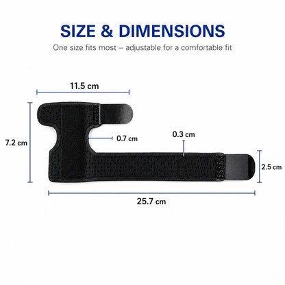 Justerbar fingerskena med måttangivelser som visar storlek, passform och design för stabilisering och stöd av fingret.