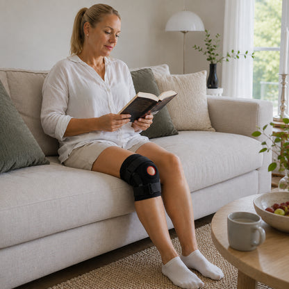 Kvinna använder justerbart knäskydd med öppen patella medan hon läser i hemmiljö.