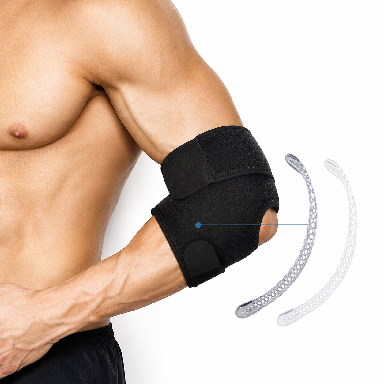 Armbågsstöd med justerbar kompression och stabiliserande skenor som ger stöd, avlastning och ökad stabilitet vid belastning och träning.