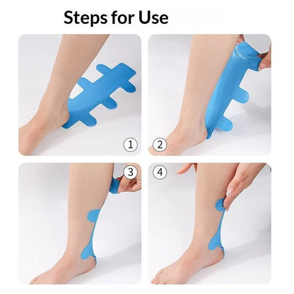 Stegvis applicering av förklippt kinesiologitejp längs vaden och underbenet.