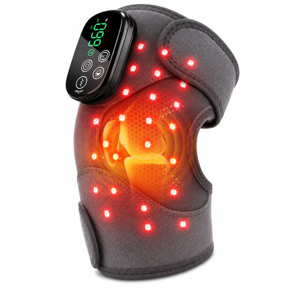Knämassage med rödljusterapi, värme och vibration för lindring, avslappning och stöd för knäleden.