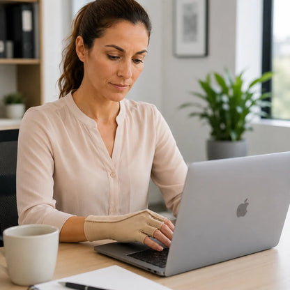 Kvinna arbetar vid laptop och bär beige komforthandske med kompression och öppna fingertoppar.