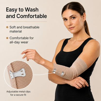 Kvinna bär ett elastiskt kompressionsbandage med metallspännen på armbågen för justerbart stöd och kompression.