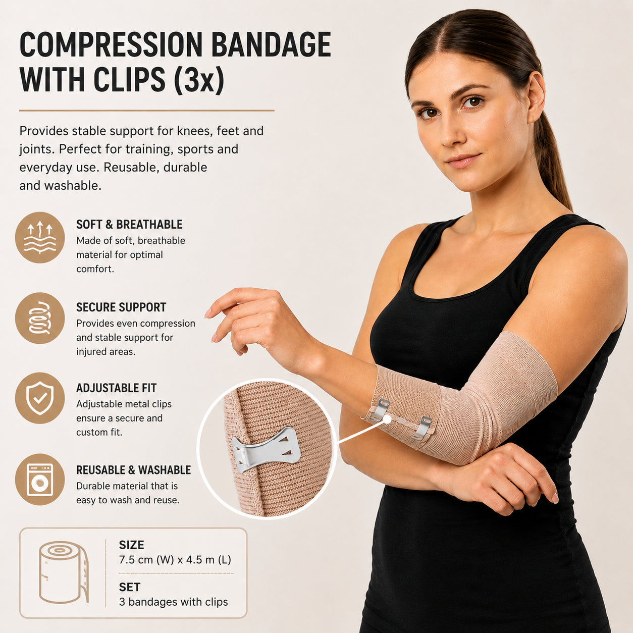 Kvinna bär ett elastiskt kompressionsbandage med metallspännen på armbågen som ger justerbart stöd och kompression.