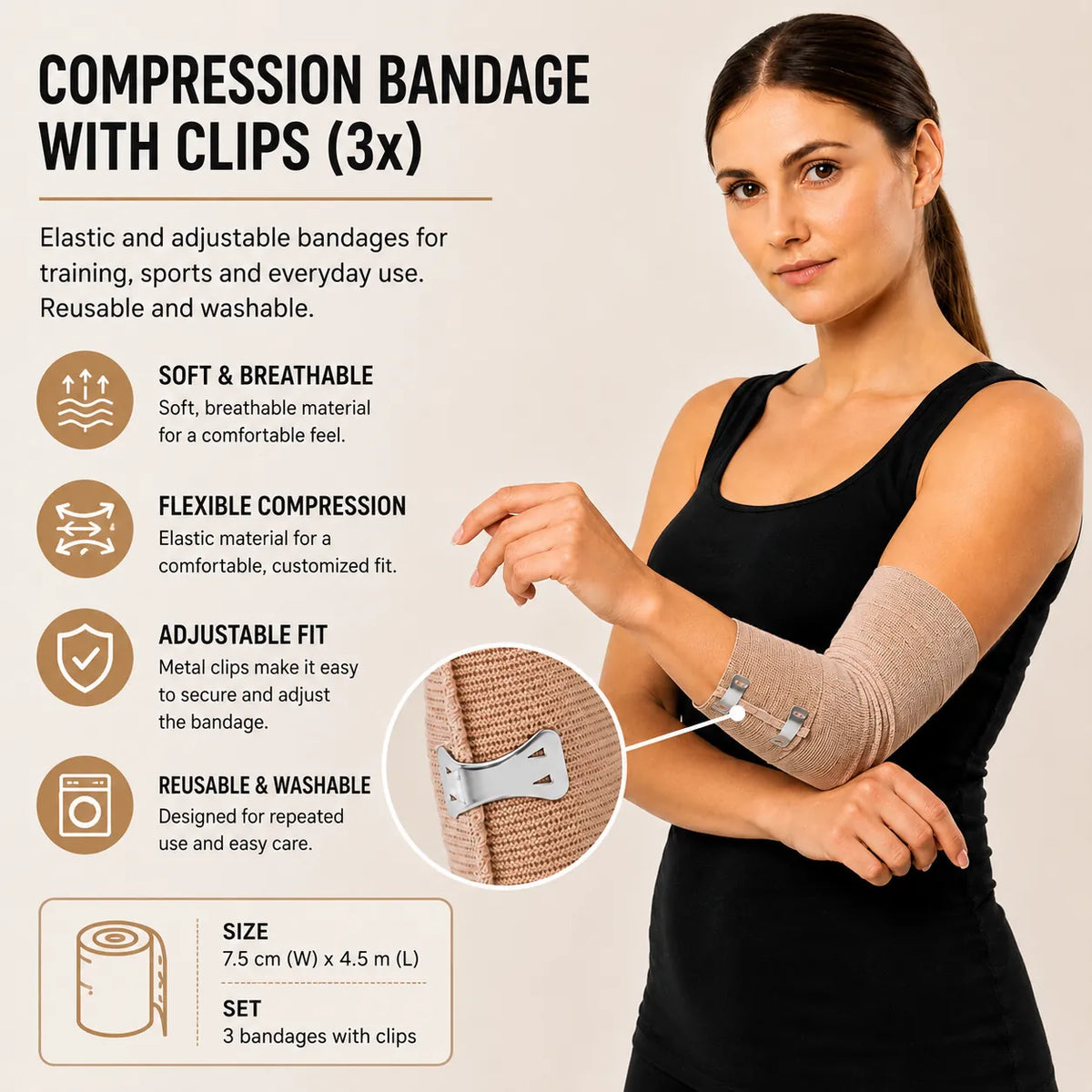 Kvinna bär elastiskt kompressionsbandage med metallspännen runt armbågen.