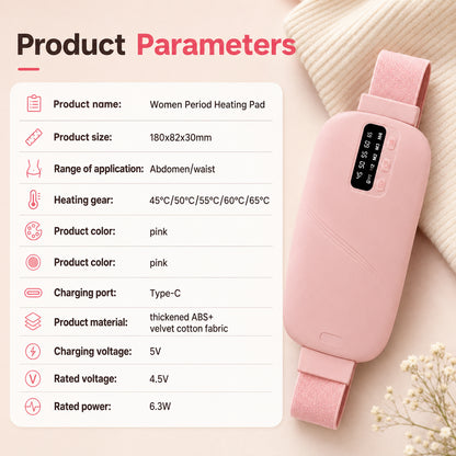 Produktinformation och tekniska specifikationer för menstruationsbälte med värmeterapi och USB-C laddning