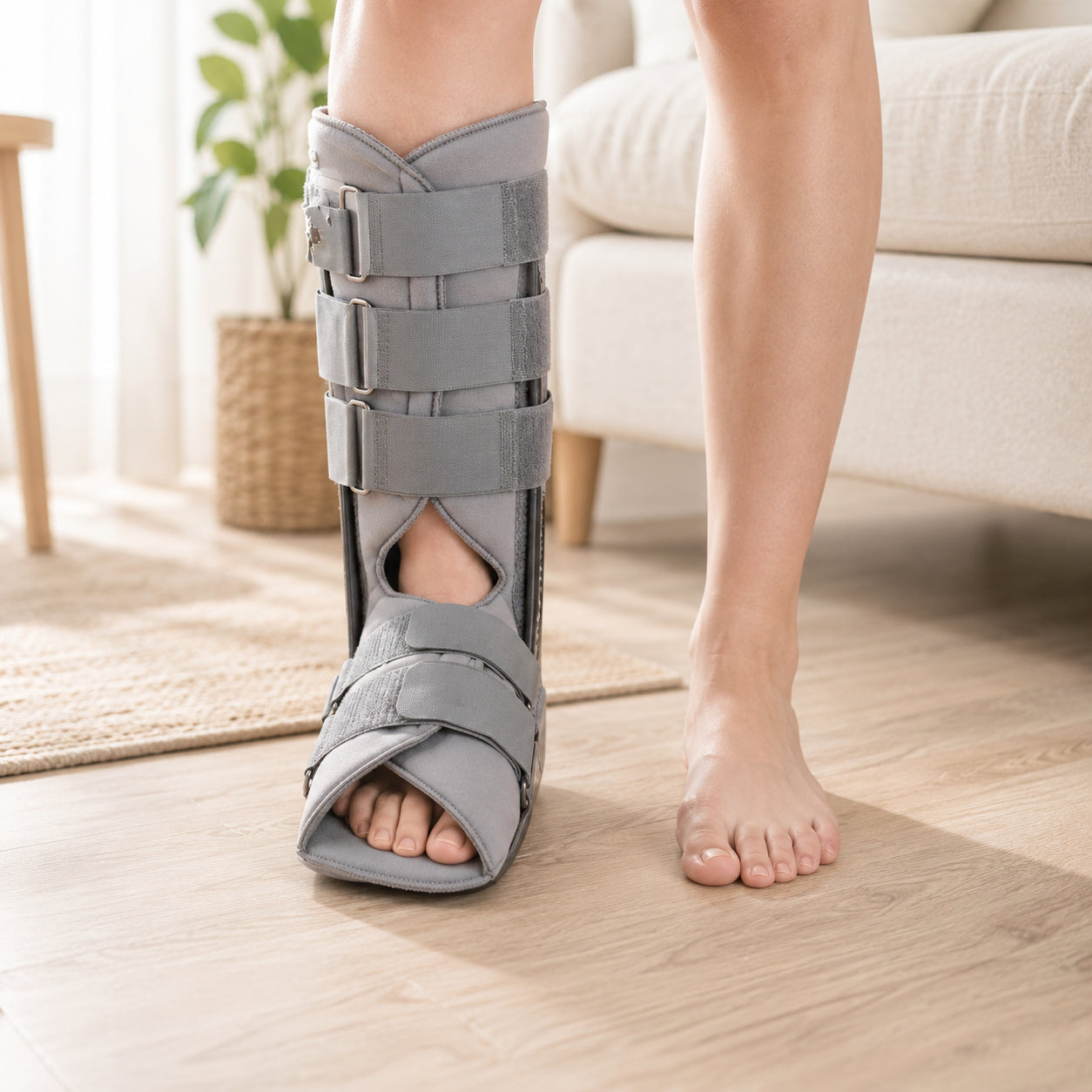 Ortopedisk rehabiliteringssko med högt stöd och justerbara remmar som stabiliserar fot och underben vid återhämtning efter skada eller operation.