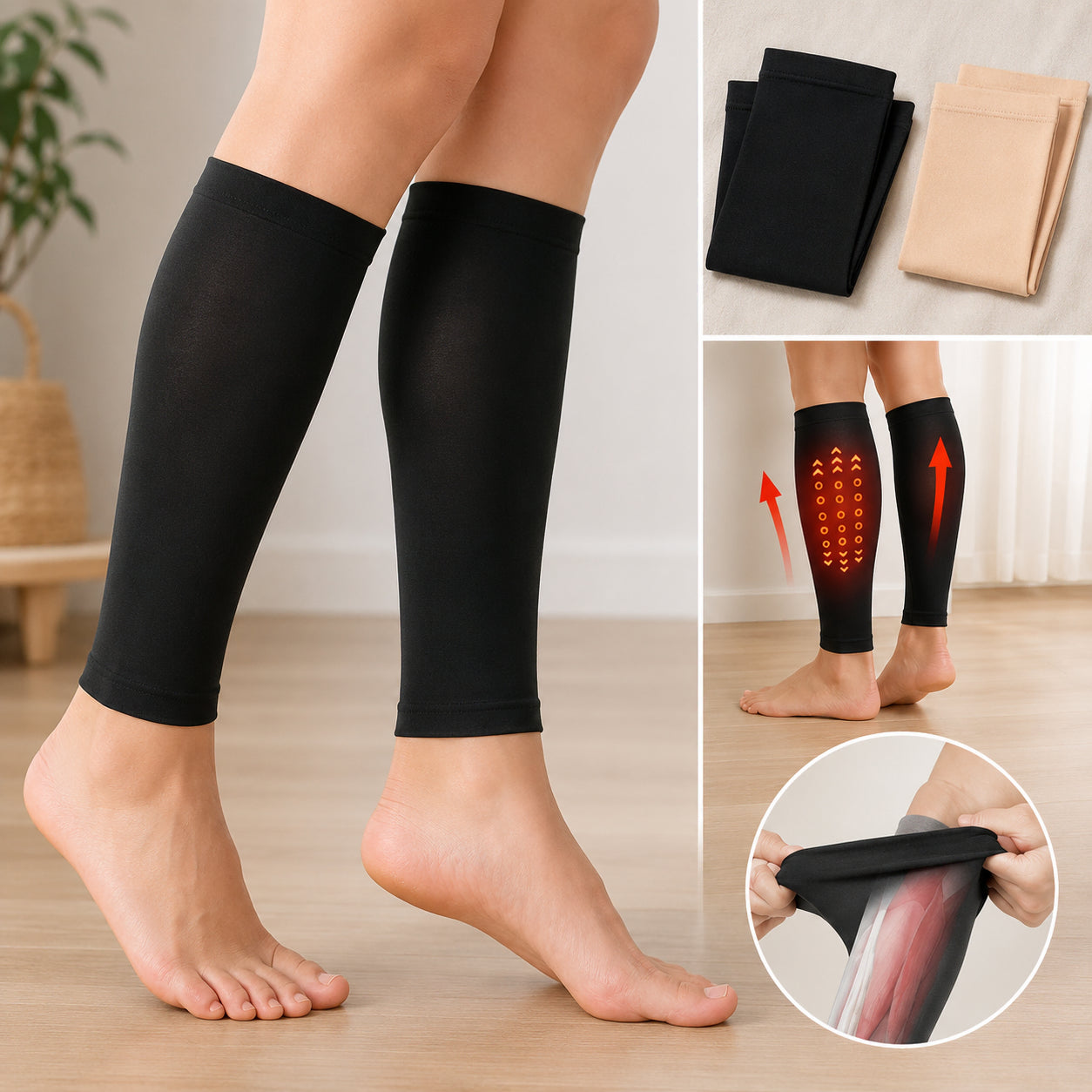 Kompressionsstrumpor för vader i svart och beige med material- och kompressionsdetaljer.