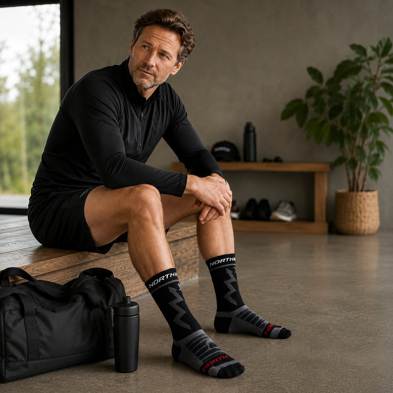 Man wearing black compression sports socks while sitting after a workout in a gym.