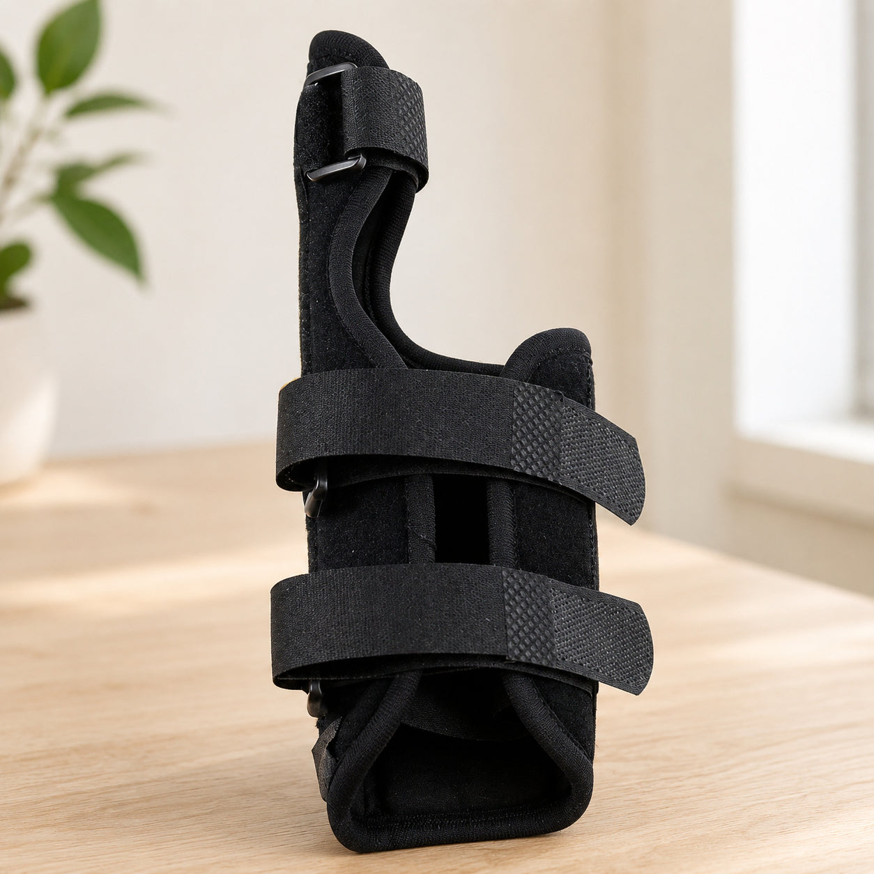Handledsstöd med tumstöd och justerbara kardborreband för stabilisering av handled och tumme.