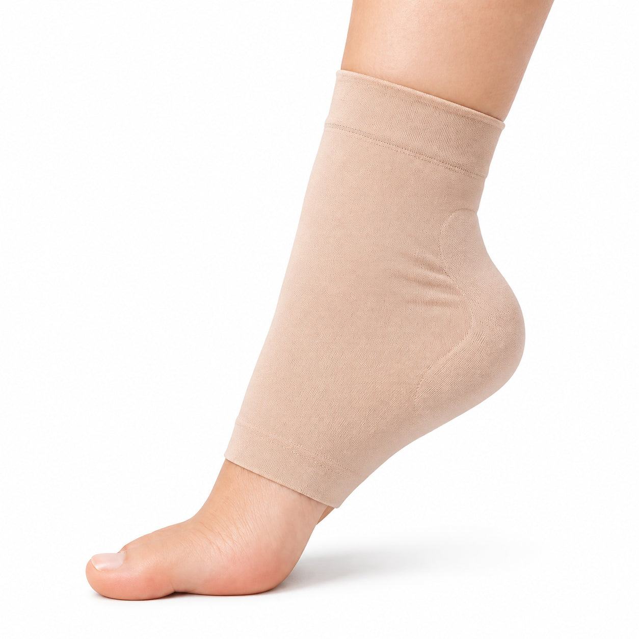 Beige stödstrumpa med öppen tå och integrerad gelkudde runt hälen.