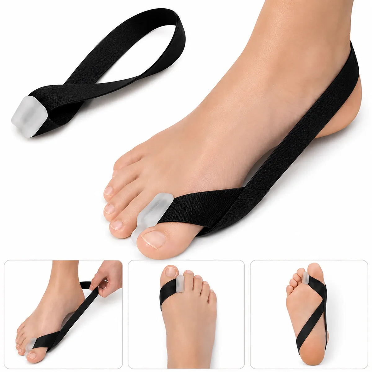 Tåseparator vid hallux valgus med mjuk separatordel och elastiskt band som hjälper till att hålla stortån och intilliggande tå åtskilda.