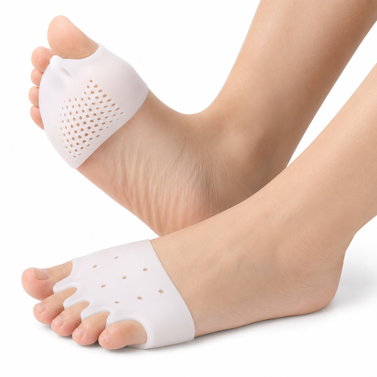 Hallux valgus-tåseparerare i mjuk silikon med fem tåöglor som hjälper till att separera tårna och minska tryck mot stortån.