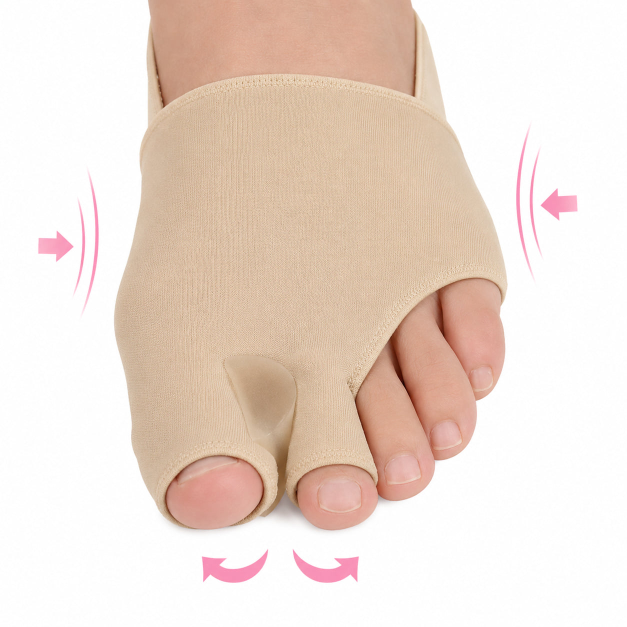 Hallux valgus-stöd med integrerad silikonseparator som hjälper till att rikta stortån, minska trycket mot stortåleden och ge bekvämt stöd.