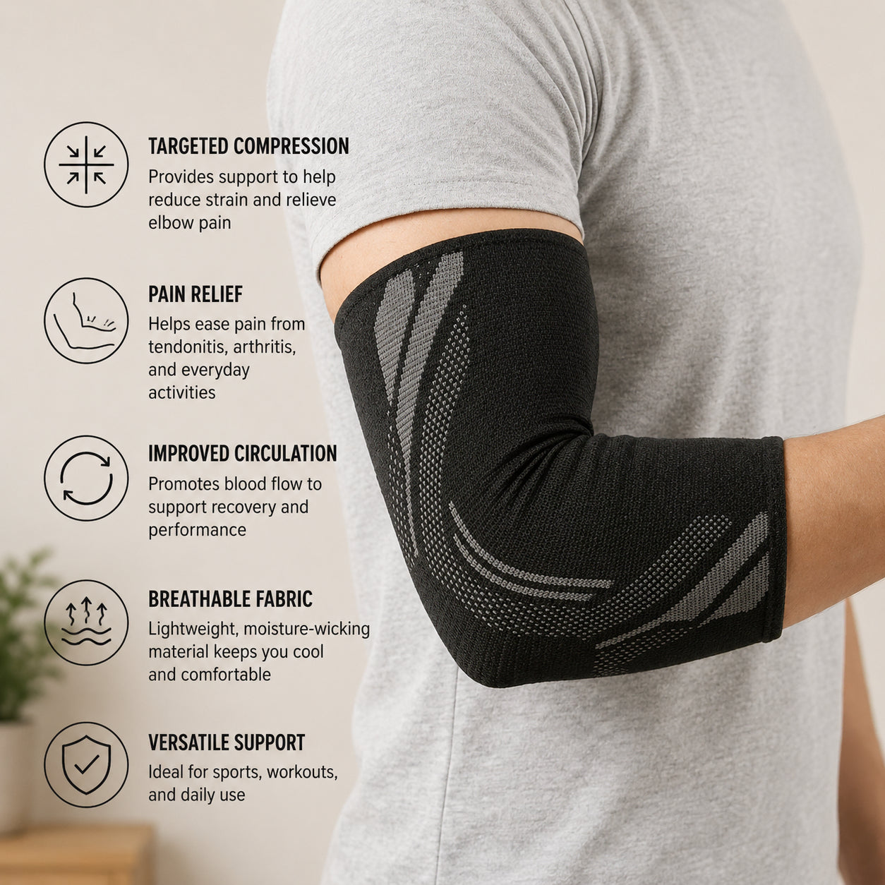 Kompressionsstöd för tennisarmbåge med illustration av stödets egenskaper och fördelar.