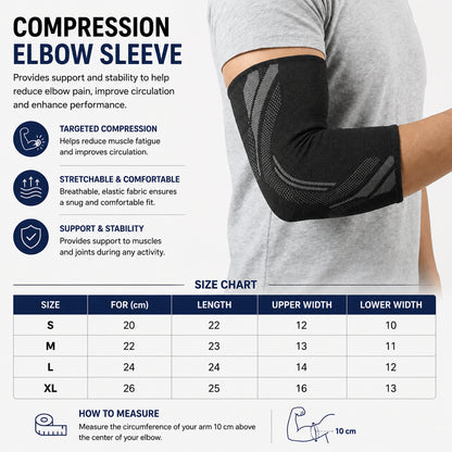 Storleksguide och produktöversikt för kompressionsstöd för tennisarmbåge med storlekstabell.