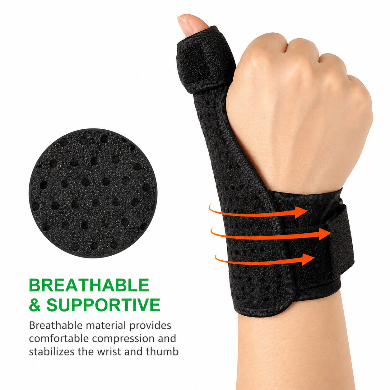 Tumstöd med ventilerande material och justerbar kompression som stabiliserar tumme och handled för ökad komfort och stöd.