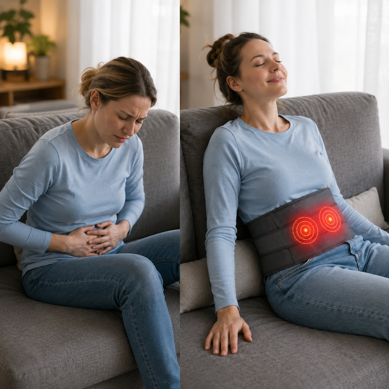 Kvinna använder ett värmebälte med massage och rödljusterapi för lindring och avslappning av mage och ländrygg.