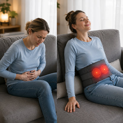 Kvinna använder ett värmebälte med massage och rödljusterapi för lindring och avslappning av mage och ländrygg.