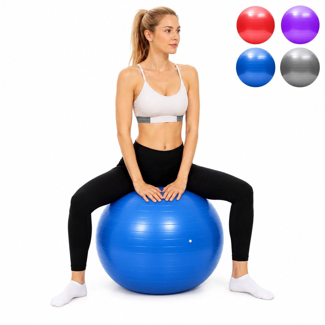 Kvinna sitter på blå yogaboll med färgval för pilatesboll.